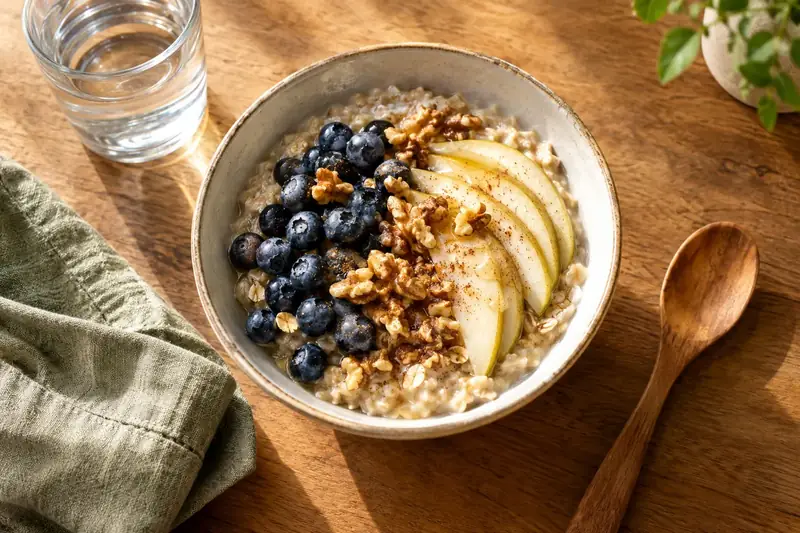 Oatmeal with fruit and walnuts on a sunlit breakfast table